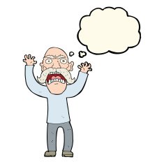 cartoon angry old man with thought bubble N97
