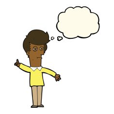 cartoon man narrowing eyes with thought bubble N26