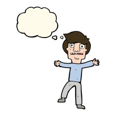 cartoon boy panicking with thought bubble N16