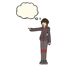 cartoon woman in leather jacket pointing with thought bubble N7