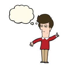 cartoon man narrowing eyes with thought bubble N27