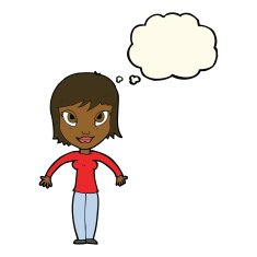 cartoon woman shrugging shoulders with thought bubble N325
