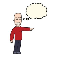 cartoon old man gesturing Get Out! with thought bubble N7