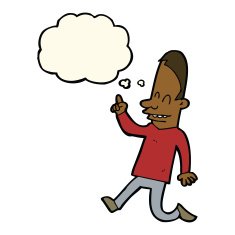 cartoon happy man pointing with thought bubble N42
