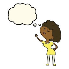 cartoon happy woman about to speak with thought bubble N7
