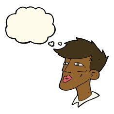 cartoon male model guy with thought bubble N7