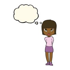 cartoon woman standing with thought bubble N13