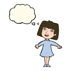 cartoon happy woman in dress with thought bubble N17