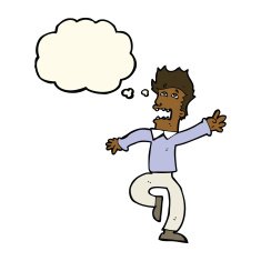cartoon man panicking with thought bubble N34