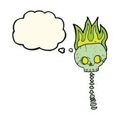cartoon spooky skull and spine with thought bubble N7