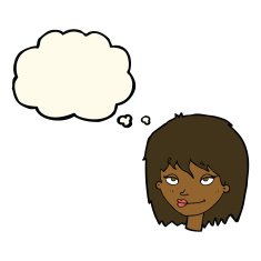 cartoon smiling woman with thought bubble N7