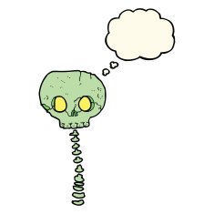 cartoon spooky skull and spine with thought bubble N8