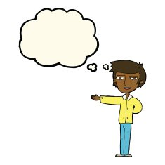 cartoon man gesturing welcome with thought bubble N7