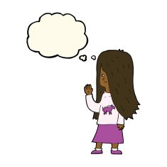 cartoon girl with pony shirt waving thought bubble N6