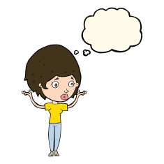 cartoon woman raising hands in air with thought bubble N13