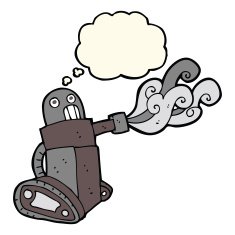 cartoon tank robot with thought bubble N6