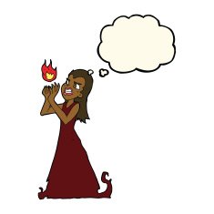 cartoon witch woman casting spell with thought bubble N7