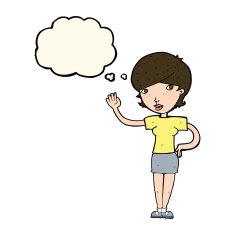 cartoon woman waving with thought bubble N247