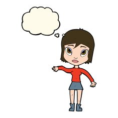 cartoon woman waving hand with thought bubble N8