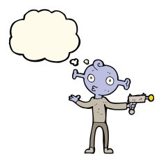 cartoon alien with ray gun thought bubble N7