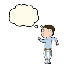 cartoon man in loud clothes with thought bubble N7