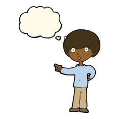cartoon pointing boy with thought bubble N18