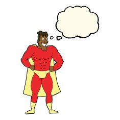 cartoon superhero with thought bubble N15