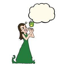cartoon witch woman casting spell with thought bubble N8