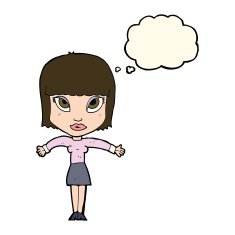 cartoon woman shrugging with thought bubble N44