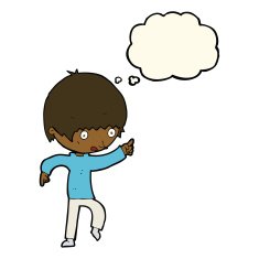 cartoon worried boy pointing with thought bubble N7