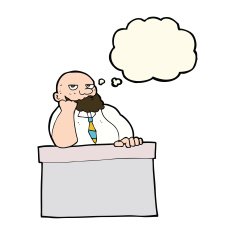 cartoon bored man at desk with thought bubble N8