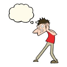 cartoon man panicking with thought bubble N37
