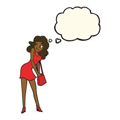 cartoon woman looking in handbag with thought bubble N7