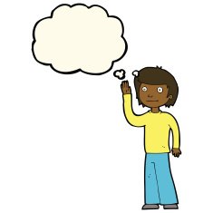 cartoon friendly boy waving with thought bubble N7