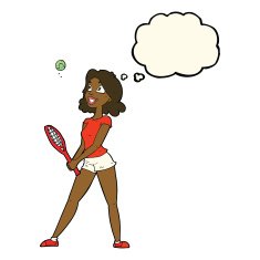 cartoon woman playing tennis with thought bubble N5