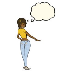 cartoon pretty girl in jeans and tee with thought bubble N7