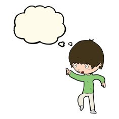 cartoon worried boy pointing with thought bubble N8