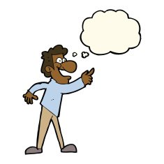 cartoon man pointing and laughing with thought bubble N21