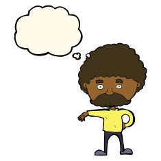cartoon man with mustache making camp gesture thought bubbl N7