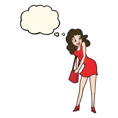 cartoon woman looking in handbag with thought bubble N8