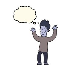 cartoon happy vampire man with thought bubble N21