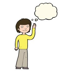 cartoon friendly boy waving with thought bubble N8