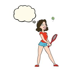 cartoon woman playing tennis with thought bubble N6