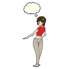 cartoon pretty girl in jeans and tee with thought bubble N8