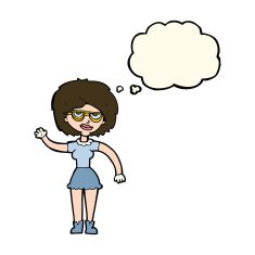 cartoon waving woman wearing spectacles with thought bubble N8