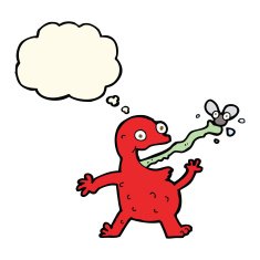 cartoon frog catching fly with thought bubble N7
