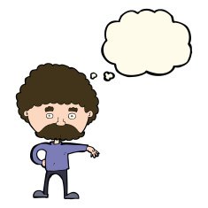 cartoon man with mustache making camp gesture thought bubbl N8