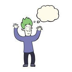 cartoon happy vampire man with thought bubble N23
