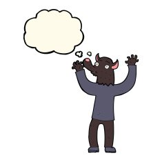 cartoon happy werewolf man with thought bubble N4