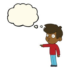 cartoon pointing boy with thought bubble N20